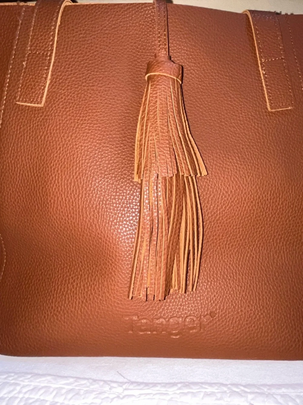 Tanger Brown Pebbled Faux Leather Tote Large Tassel Shoulder Bag 15” NWOT - Picture 8 of 8